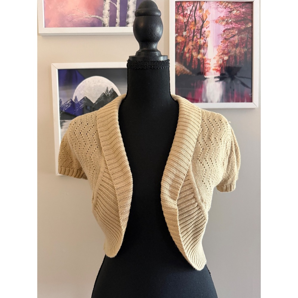 Made For Me 2 Look Amazing Tan Pointelle Knit Cropped Shrug Cardigan Medium